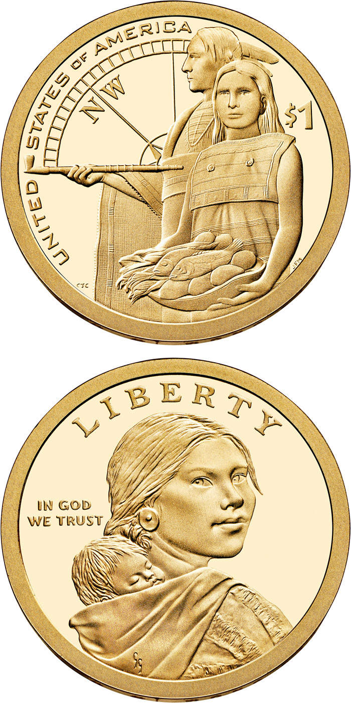 Image of 1 dollar coin - Native Hospitality Ensured the Success of the Lewis and Clark Expedition  | USA 2014.  The Nordic gold (CuZnAl) coin is of Proof, UNC quality.