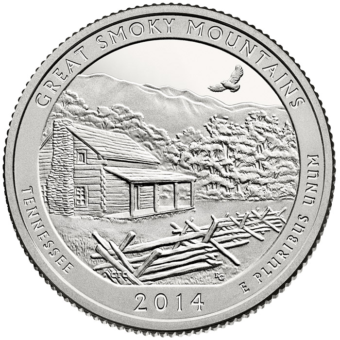 Image of 25 cents coin - Great Smoky Mountains National Park  | USA 2014.  The Copper–Nickel (CuNi) coin is of Proof, BU, UNC quality.