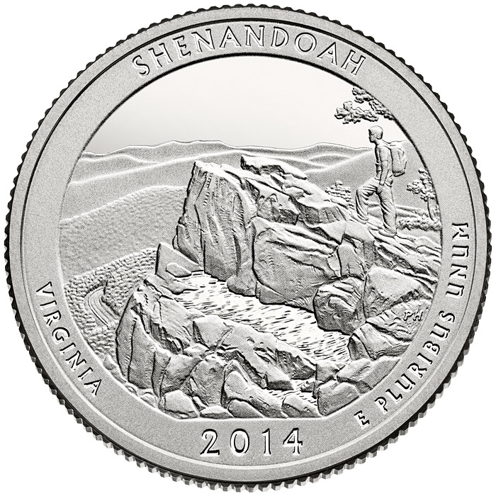 Image of 25 cents coin - Shenandoah National Park  | USA 2014.  The Copper–Nickel (CuNi) coin is of Proof, BU, UNC quality.