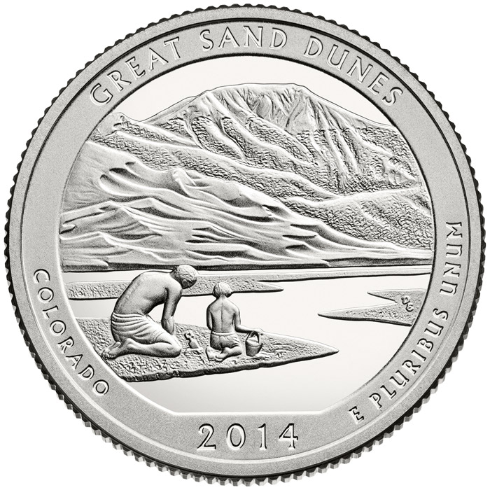 Image of 25 cents coin - Great Sand Dunes National Park  | USA 2014.  The Copper–Nickel (CuNi) coin is of Proof, BU, UNC quality.