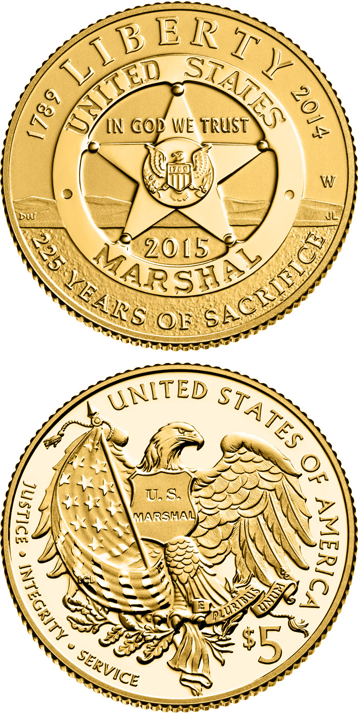 Image of 5 dollars coin - 2015 U.S. Marshals Service 225th Anniversary | USA 2015.  The Gold coin is of Proof, BU quality.