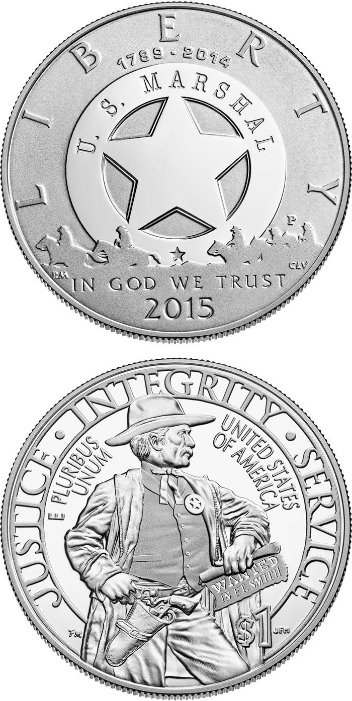 Image of 1 dollar coin - 2015 U.S. Marshals Service 225th Anniversary | USA 2015.  The Silver coin is of Proof, BU quality.