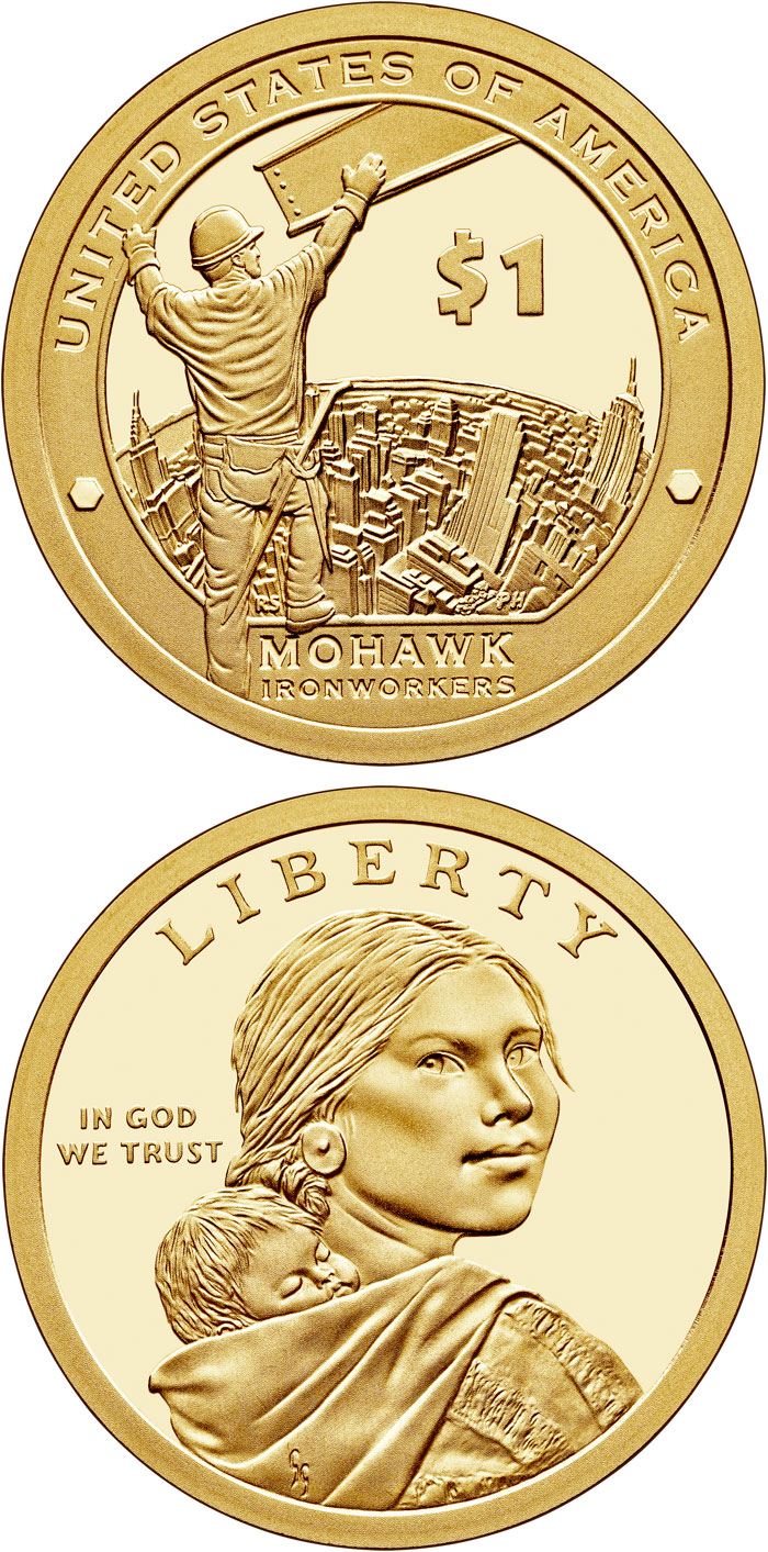 Image of 1 dollar coin - Mohawk high iron workers, builders of New York City and other skylines (from 1886) | USA 2015.  The Nordic gold (CuZnAl) coin is of Proof, UNC quality.