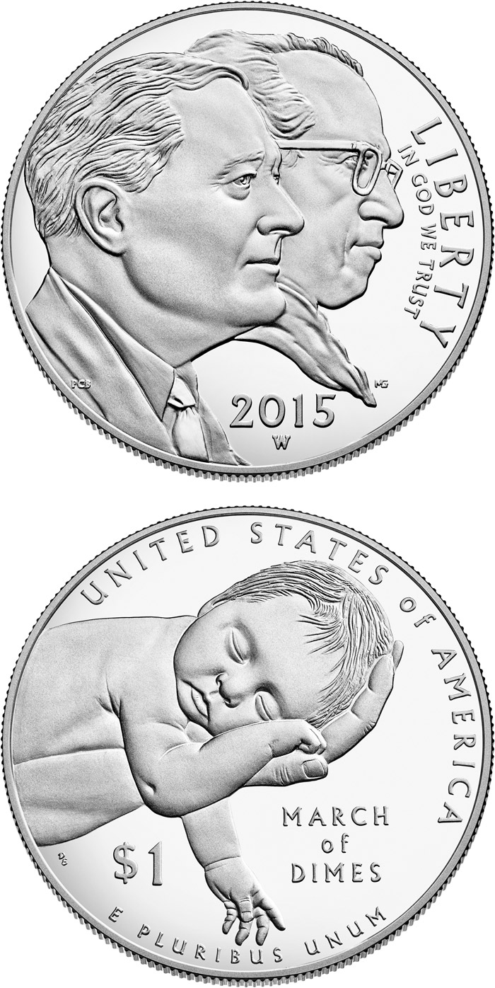 Image of 1 dollar coin - March of Dimes  | USA 2015.  The Silver coin is of Proof, BU quality.