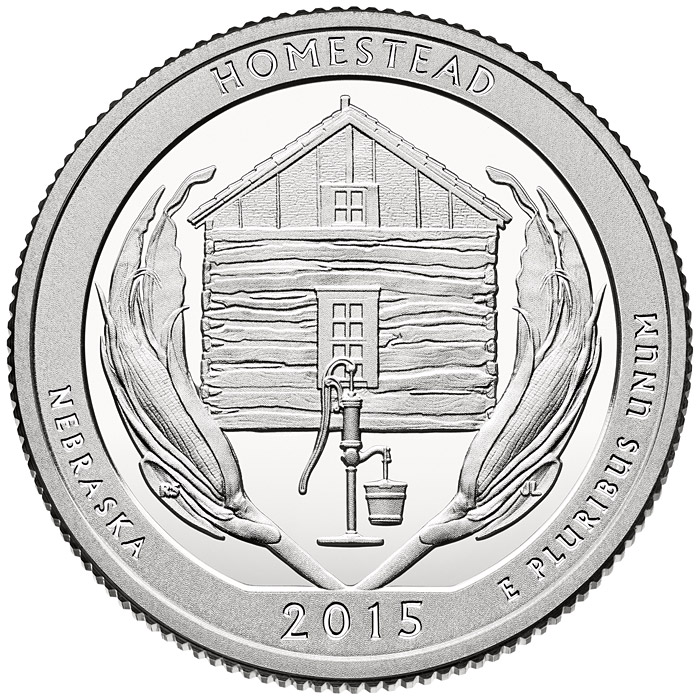 Image of 25 cents coin - Homestead National Monument of America | USA 2015.  The Copper–Nickel (CuNi) coin is of Proof, BU, UNC quality.