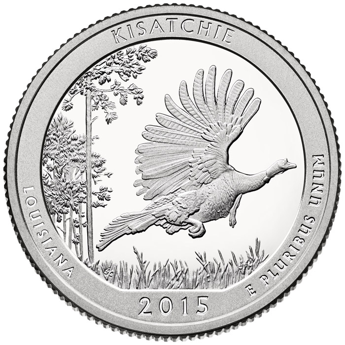 Image of 25 cents coin - Kisatchie National Forest | USA 2015.  The Copper–Nickel (CuNi) coin is of Proof, BU, UNC quality.