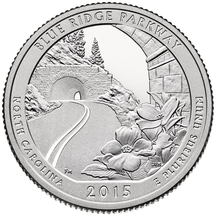 Image of 25 cents coin - Blue Ridge Parkway | USA 2015.  The Copper–Nickel (CuNi) coin is of Proof, BU, UNC quality.