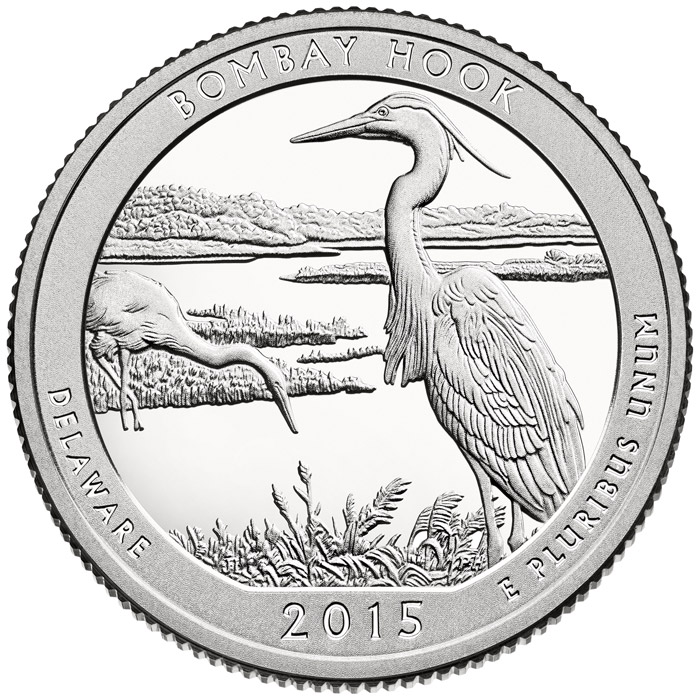 Image of 25 cents coin - Bombay Hook National Wildlife Refuge | USA 2015.  The Copper–Nickel (CuNi) coin is of Proof, BU, UNC quality.