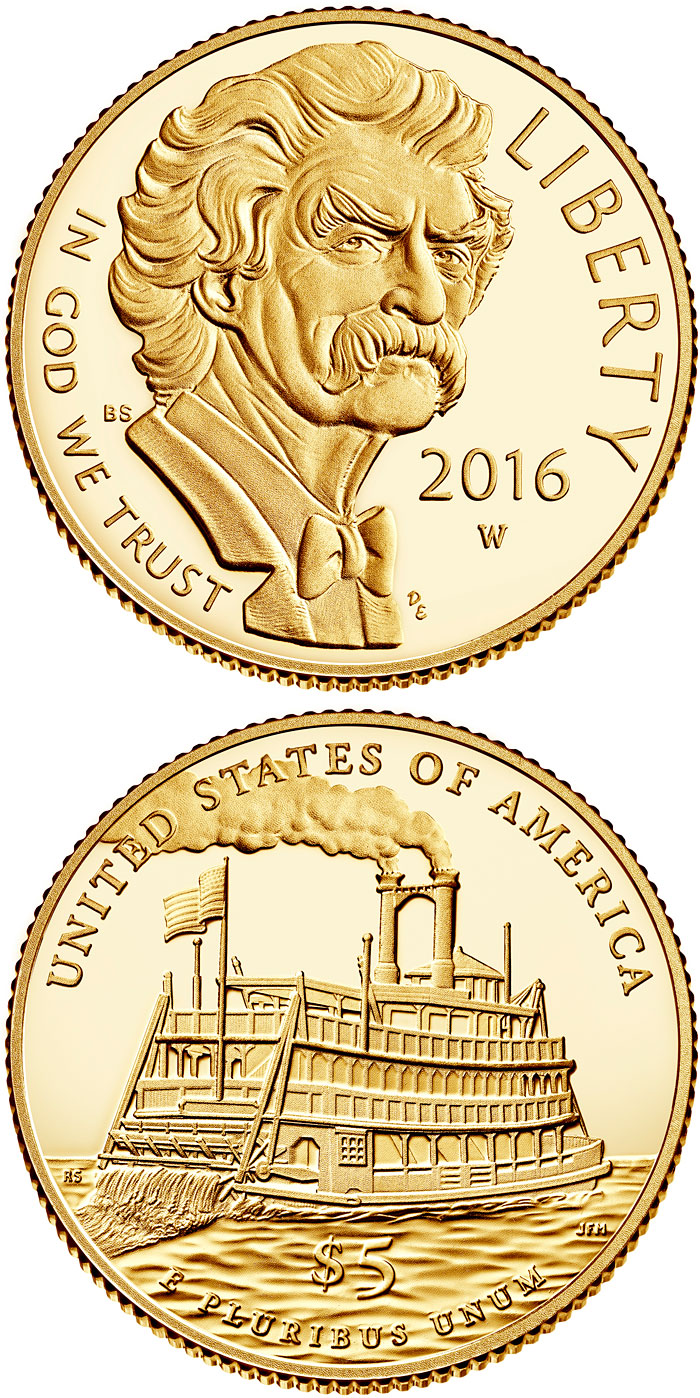 Image of 5 dollars coin - Mark Twain  | USA 2016.  The Gold coin is of Proof, BU quality.