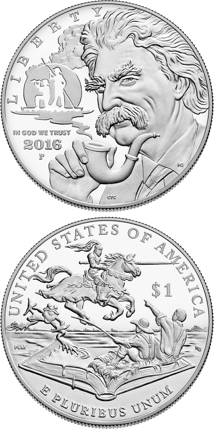 Image of 1 dollar coin - Mark Twain  | USA 2016.  The Silver coin is of Proof, BU quality.