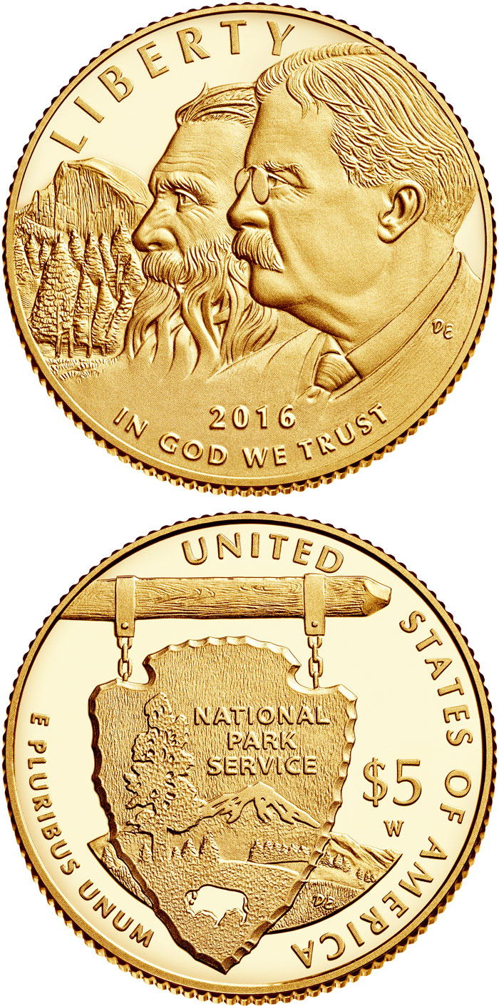 Image of 5 dollars coin - National Park Service 100th Anniversary  | USA 2016.  The Gold coin is of Proof, BU quality.