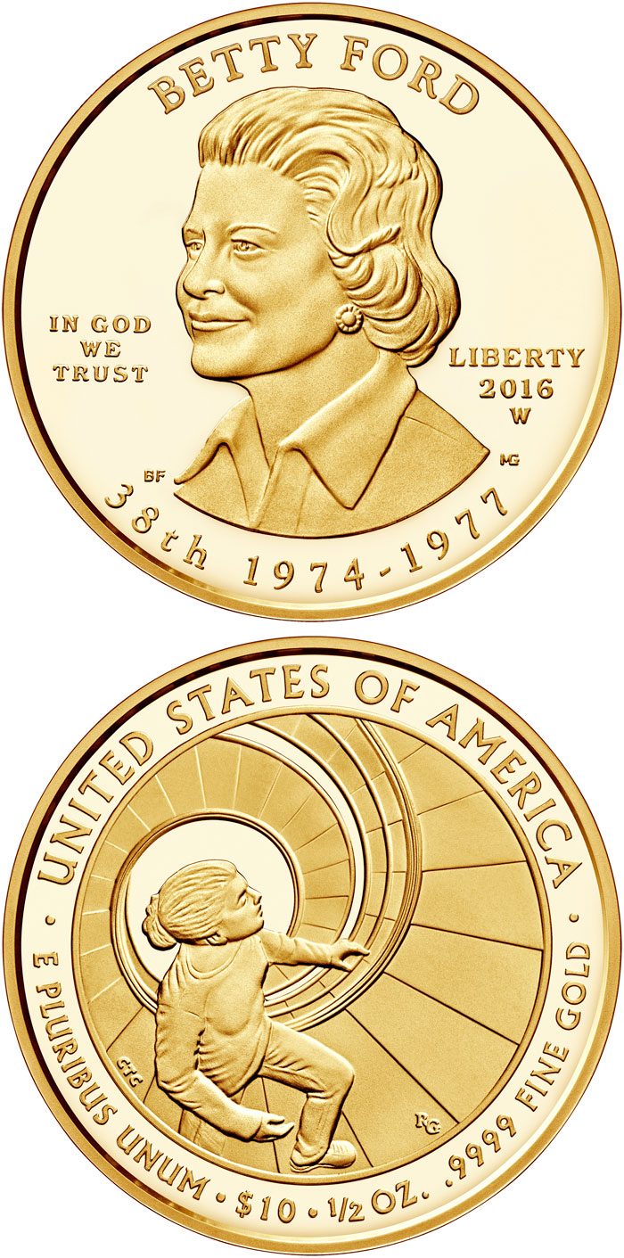 Image of 10 dollars coin - Betty Ford | USA 2016.  The Gold coin is of Proof, BU quality.