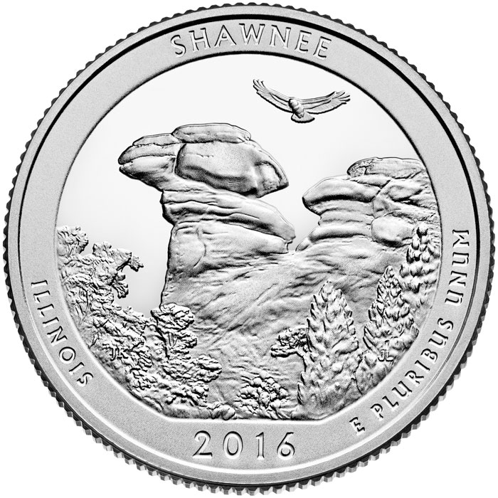 Image of 25 cents coin - Shawnee National Forest | USA 2016.  The Copper–Nickel (CuNi) coin is of Proof, BU, UNC quality.