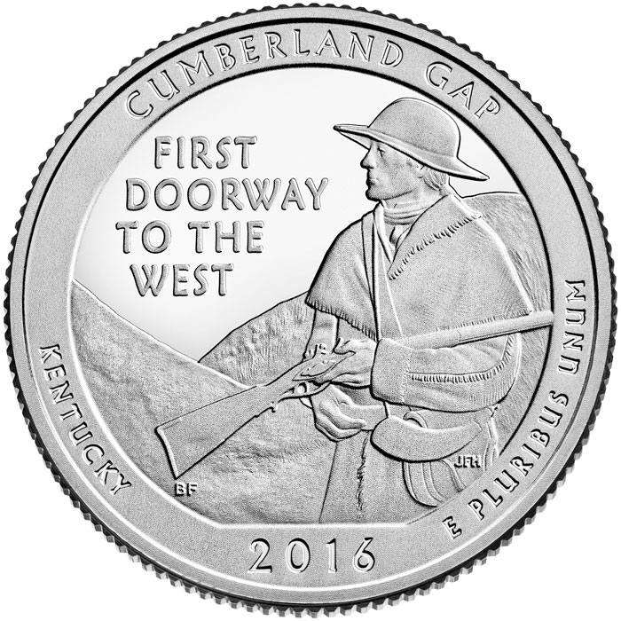 Image of 25 cents coin - Cumberland Gap National Historical Park | USA 2016.  The Copper–Nickel (CuNi) coin is of Proof, BU, UNC quality.