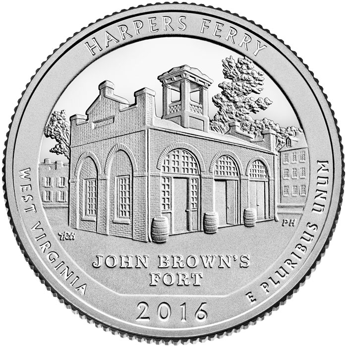 Image of 25 cents coin - Harpers Ferry National Historical Park | USA 2016.  The Copper–Nickel (CuNi) coin is of Proof, BU, UNC quality.