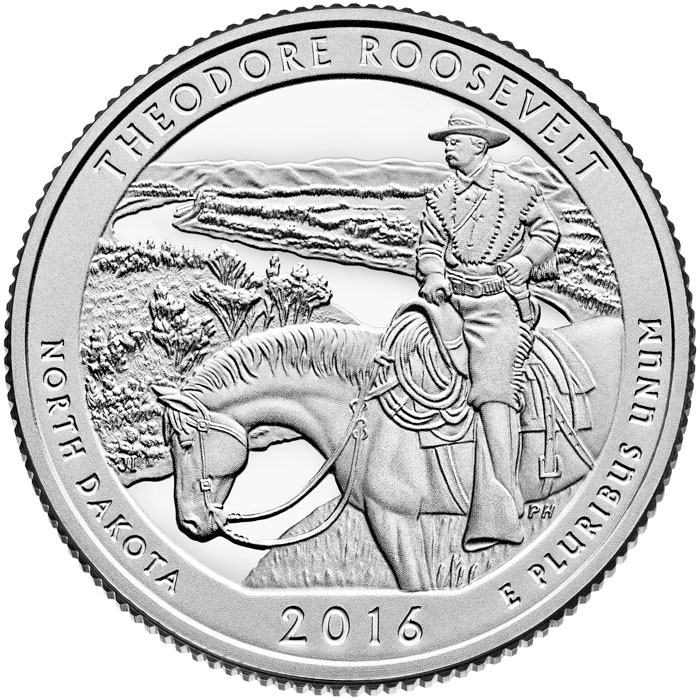 Image of 25 cents coin - Theodore Roosevelt National Park | USA 2016.  The Copper–Nickel (CuNi) coin is of Proof, BU, UNC quality.