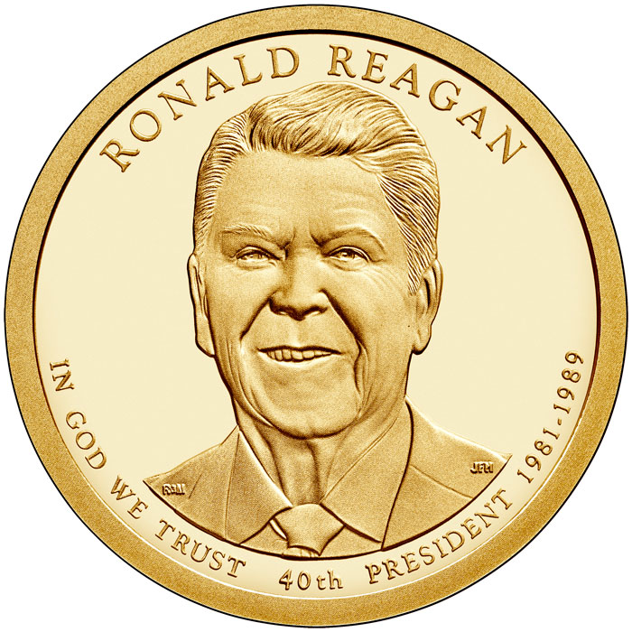 Image of 1 dollar coin - Ronald Reagan | USA 2016.  The Nordic gold (CuZnAl) coin is of Proof, BU, UNC quality.