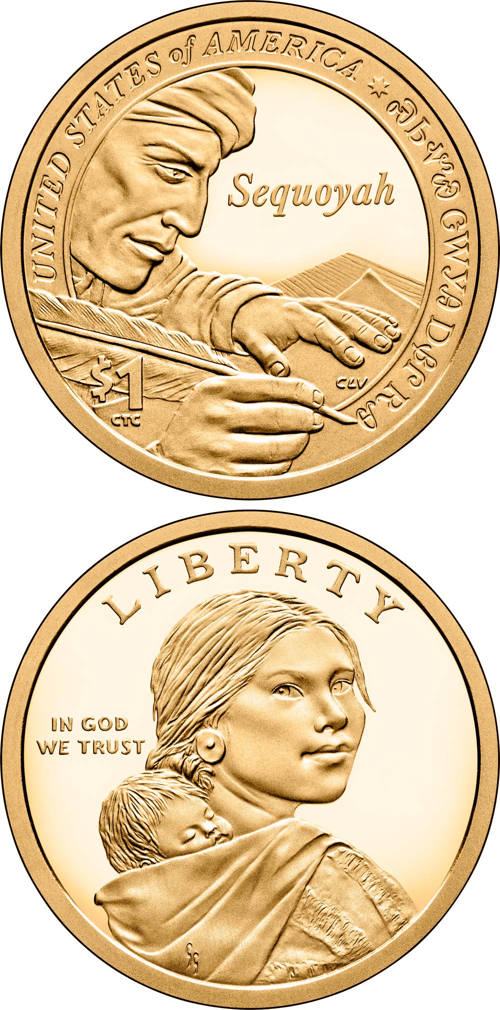 Image of 1 dollar coin - Sequoyah, inventor of the Cherokee Syllabary | USA 2017.  The Nordic gold (CuZnAl) coin is of Proof, UNC quality.