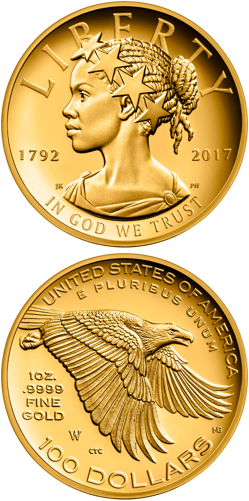 Image of 100 dollars coin - American Liberty 225th Anniversary | USA 2017.  The Gold coin is of Proof quality.
