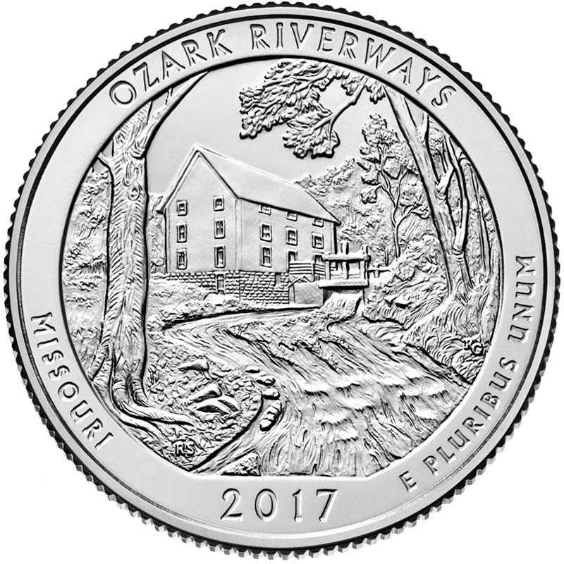 Image of 25 cents coin - Ozark National Scenic Riverways | USA 2017.  The Copper–Nickel (CuNi) coin is of Proof, BU, UNC quality.