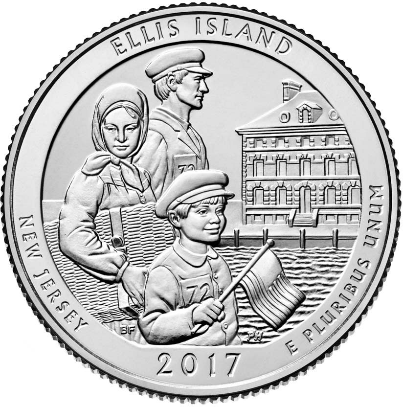 Image of 25 cents coin - Ellis Island | USA 2017.  The Copper–Nickel (CuNi) coin is of Proof, BU, UNC quality.