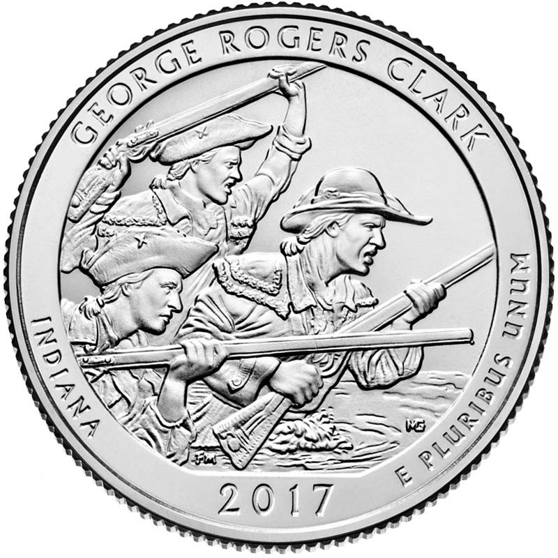 Image of 25 cents coin - George Rogers Clark National Historical Park | USA 2017.  The Copper–Nickel (CuNi) coin is of Proof, BU, UNC quality.
