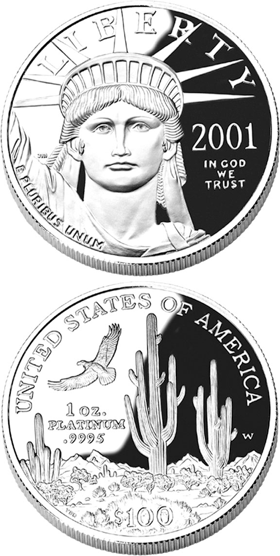 Image of 100 dollars coin - American Eagle Platinum One Ounce Proof Coin | USA 2001