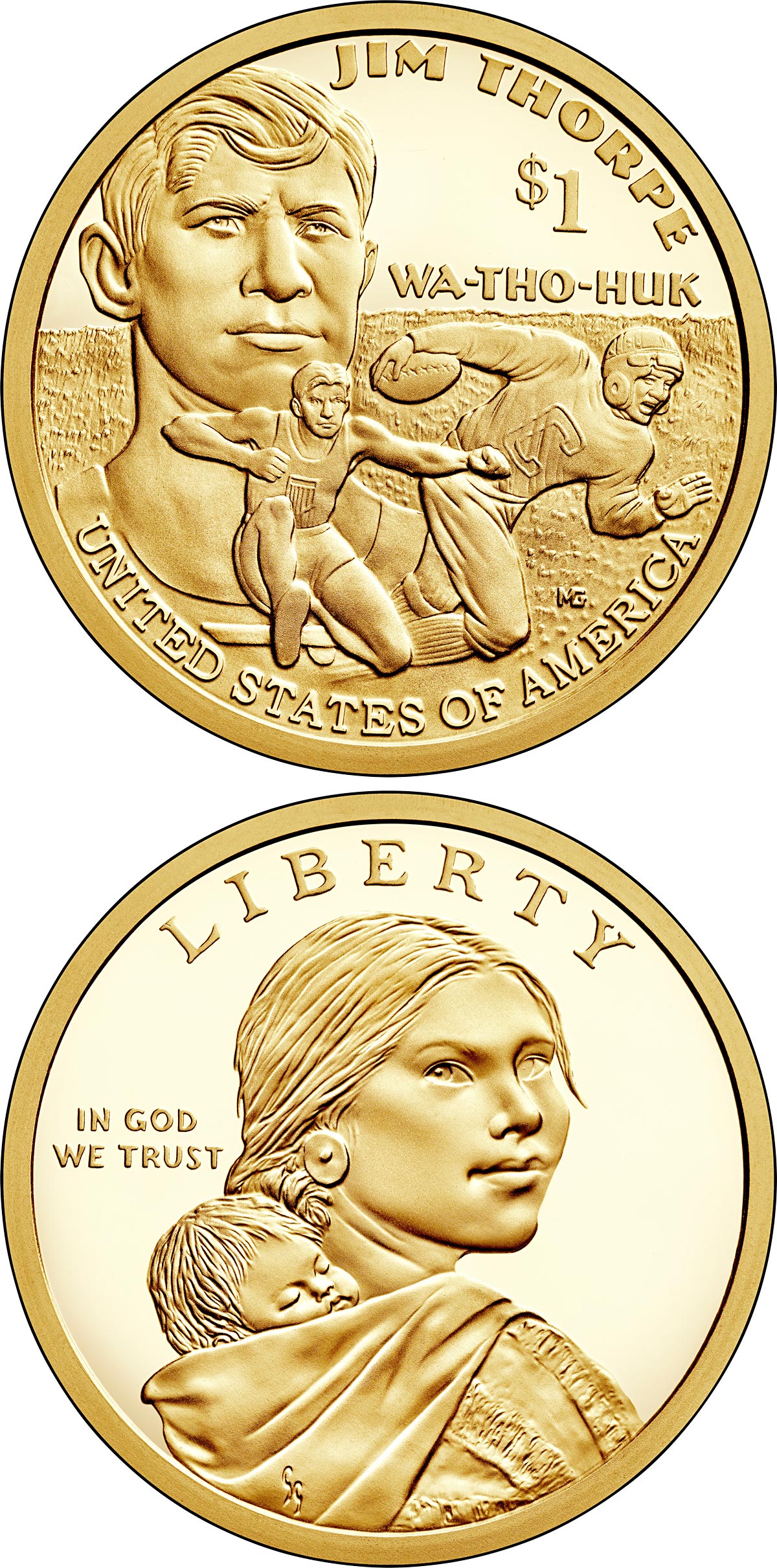 Image of 1 dollar coin - Jim Thorpe | USA 2018.  The Nordic gold (CuZnAl) coin is of Proof, UNC quality.