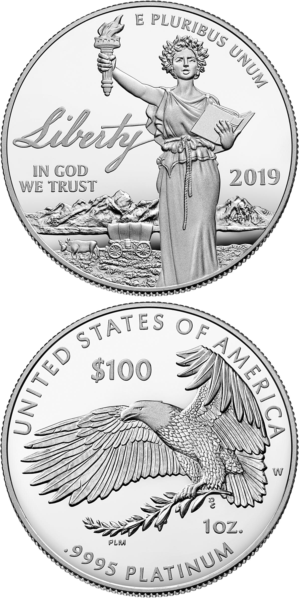 Image of 100 dollars coin - The Liberty | USA 2019.  The Platinum coin is of Proof quality.