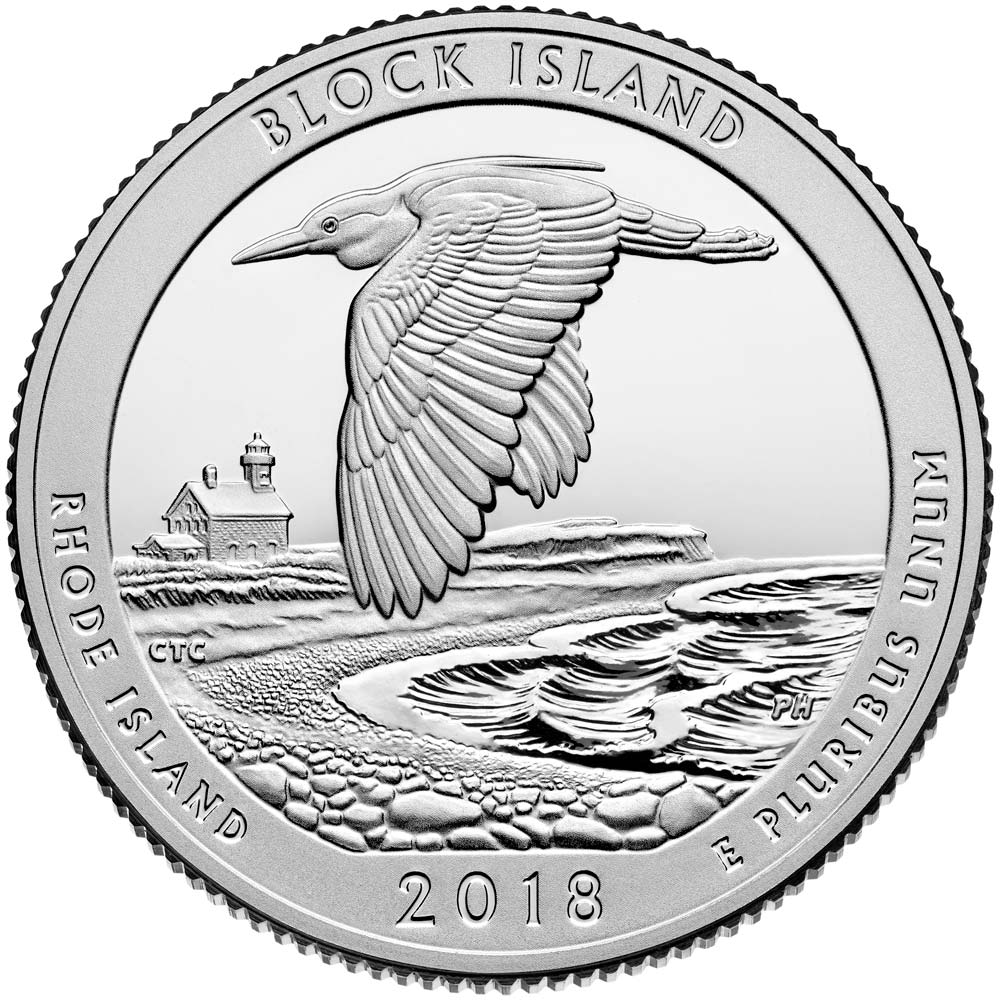 Image of 25 cents coin - Block Island National Wildlife Refuge | USA 2018.  The Copper–Nickel (CuNi) coin is of Proof, BU, UNC quality.
