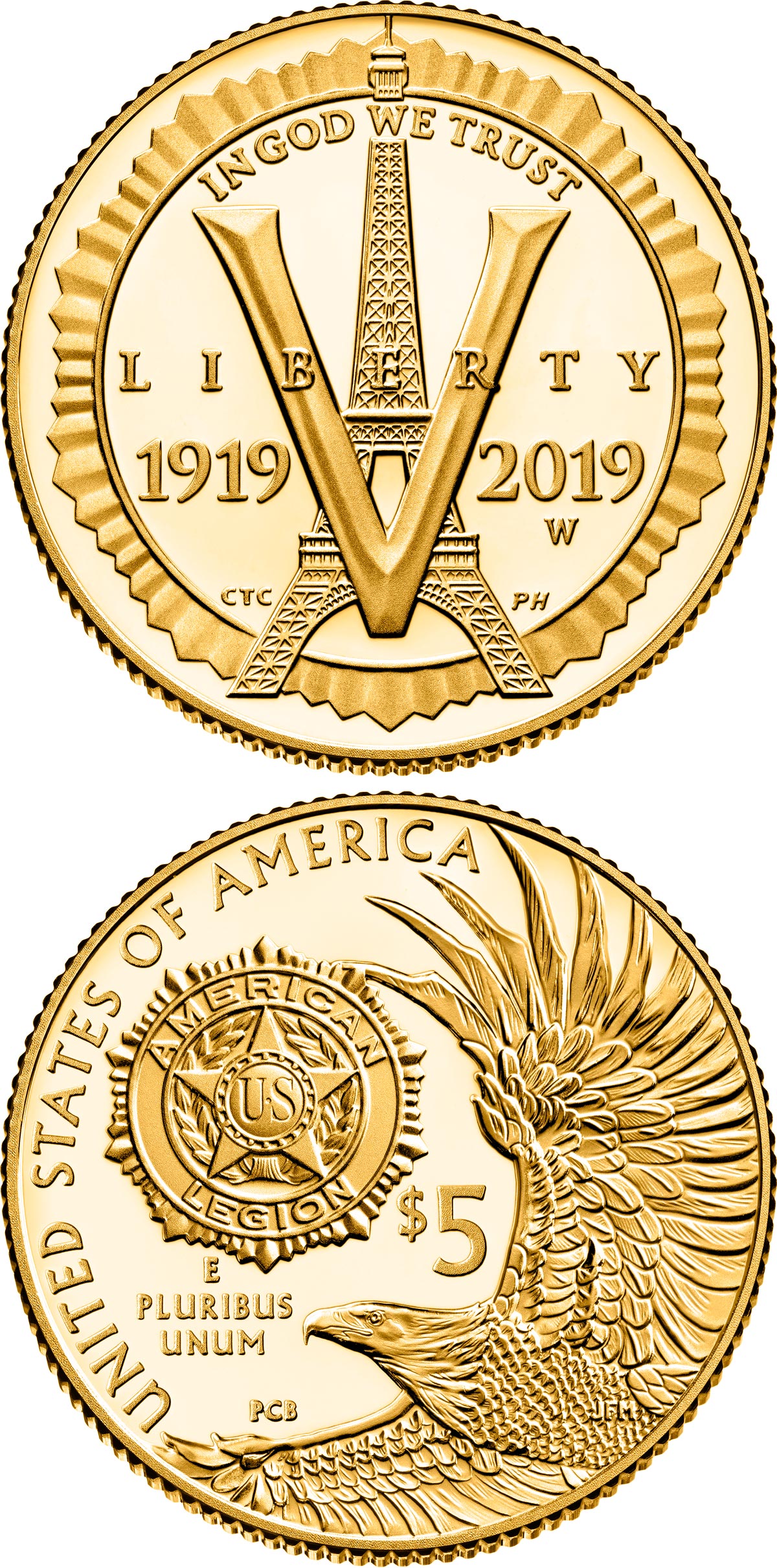 Image of 5 dollars coin - American Legion 100th Anniversary | USA 2019.  The Gold coin is of Proof, BU quality.