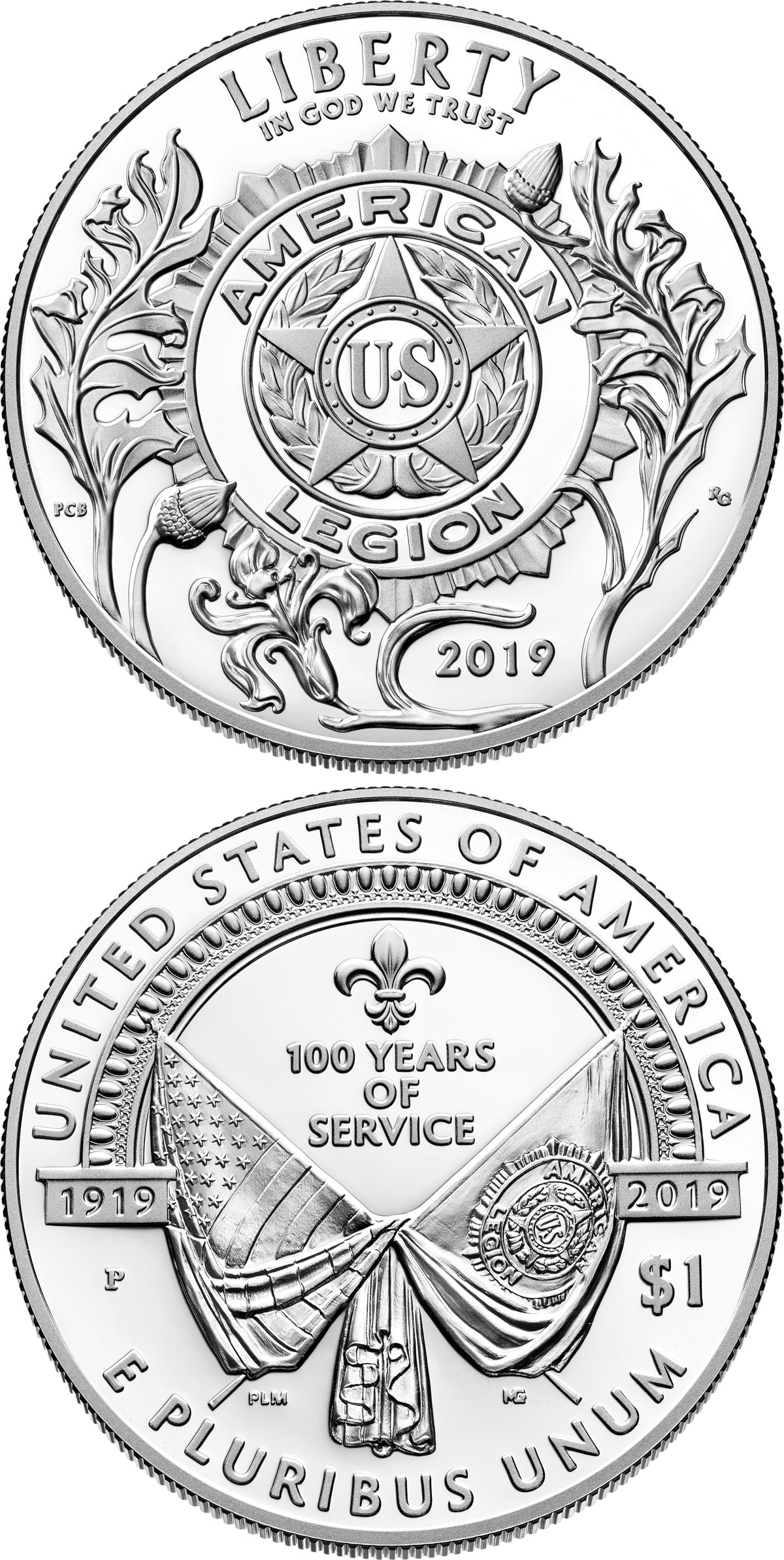Image of 1 dollar coin - American Legion 100th Anniversary | USA 2019.  The Silver coin is of Proof, BU quality.