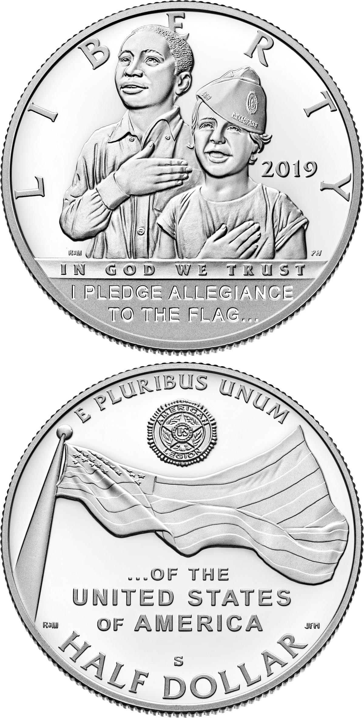 Image of 0.5 dollar coin - American Legion 100th Anniversary | USA 2019.  The Copper–Nickel (CuNi) coin is of Proof, BU quality.