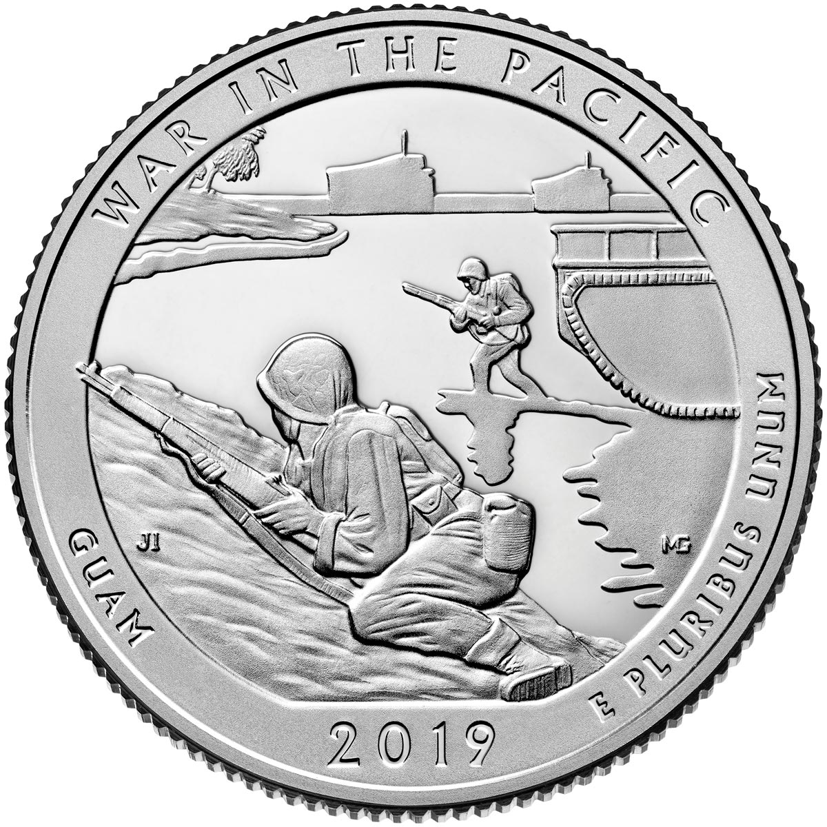 Image of 25 cents coin - War in the Pacific National Historical Park | USA 2019.  The Copper–Nickel (CuNi) coin is of Proof, BU, UNC quality.