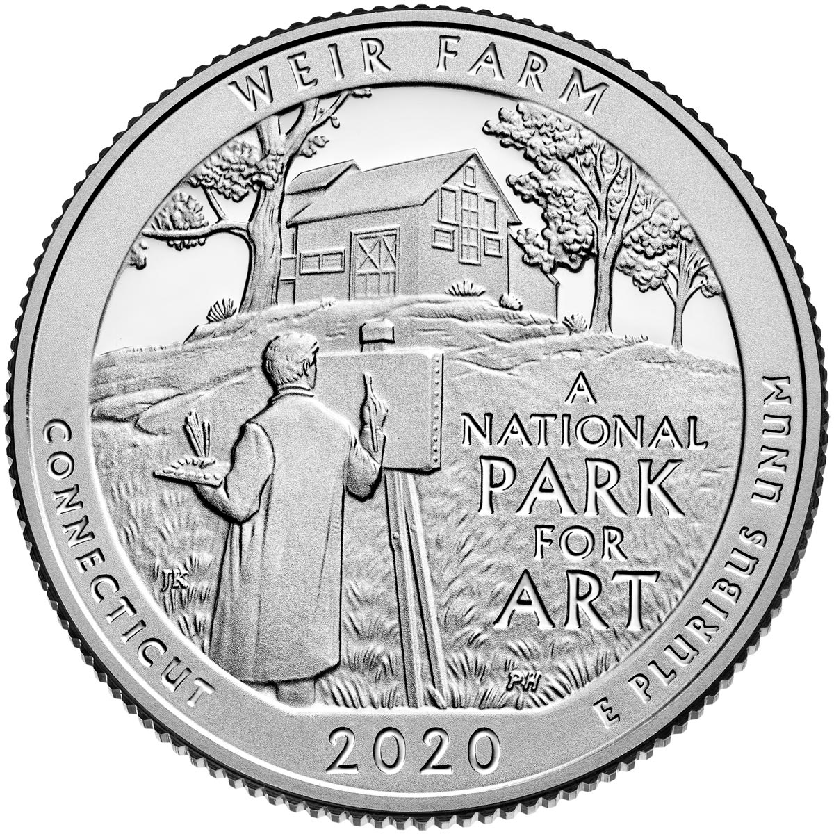 Image of 25 cents coin - Weir Farm National Historic Site | USA 2020.  The Copper–Nickel (CuNi) coin is of Proof, BU, UNC quality.
