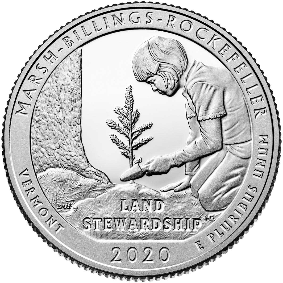 Image of 25 cents coin - Marsh-Billings-Rockefeller National Historical Park | USA 2020.  The Copper–Nickel (CuNi) coin is of Proof, BU, UNC quality.
