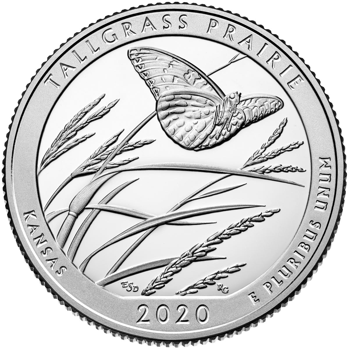 Image of 25 cents coin - Tallgrass Prairie National Preserve Site | USA 2020.  The Copper–Nickel (CuNi) coin is of Proof, BU, UNC quality.