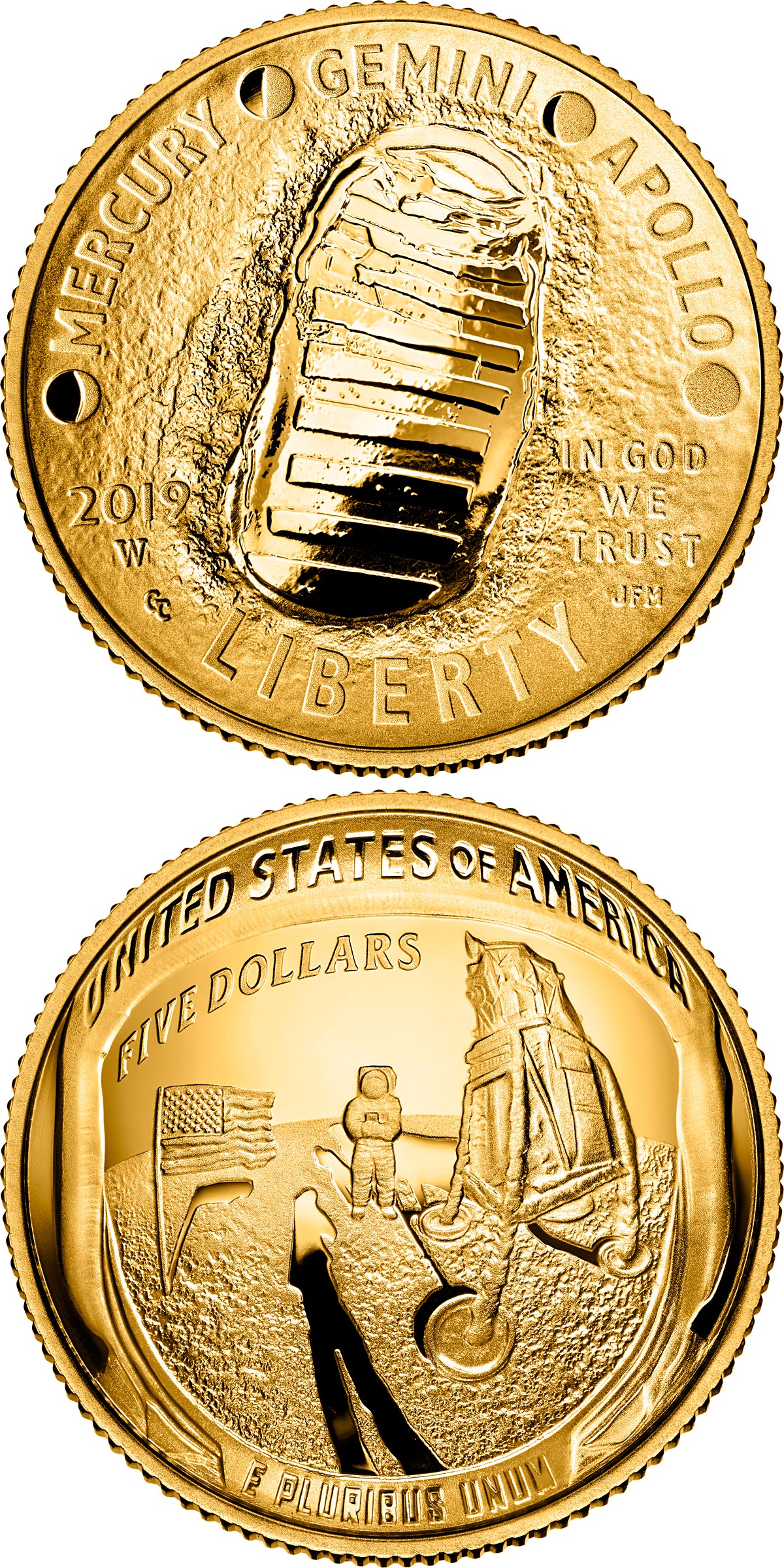 Image of 5 dollars coin - Apollo 11 50th Anniversary | USA 2019.  The Gold coin is of Proof, BU quality.