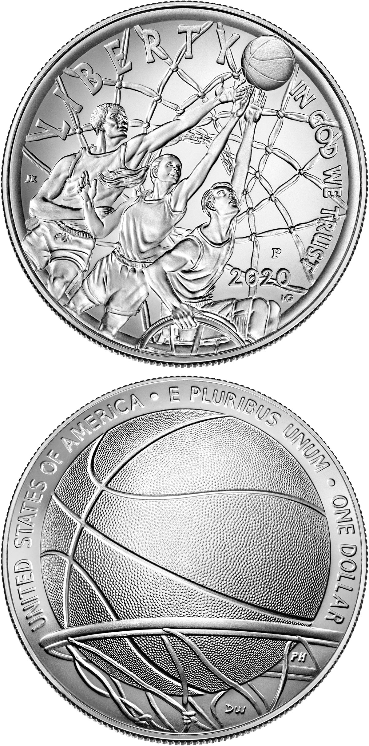 Image of 1 dollar coin - Basketball Hall of Fame | USA 2020.  The Silver coin is of Proof, BU quality.