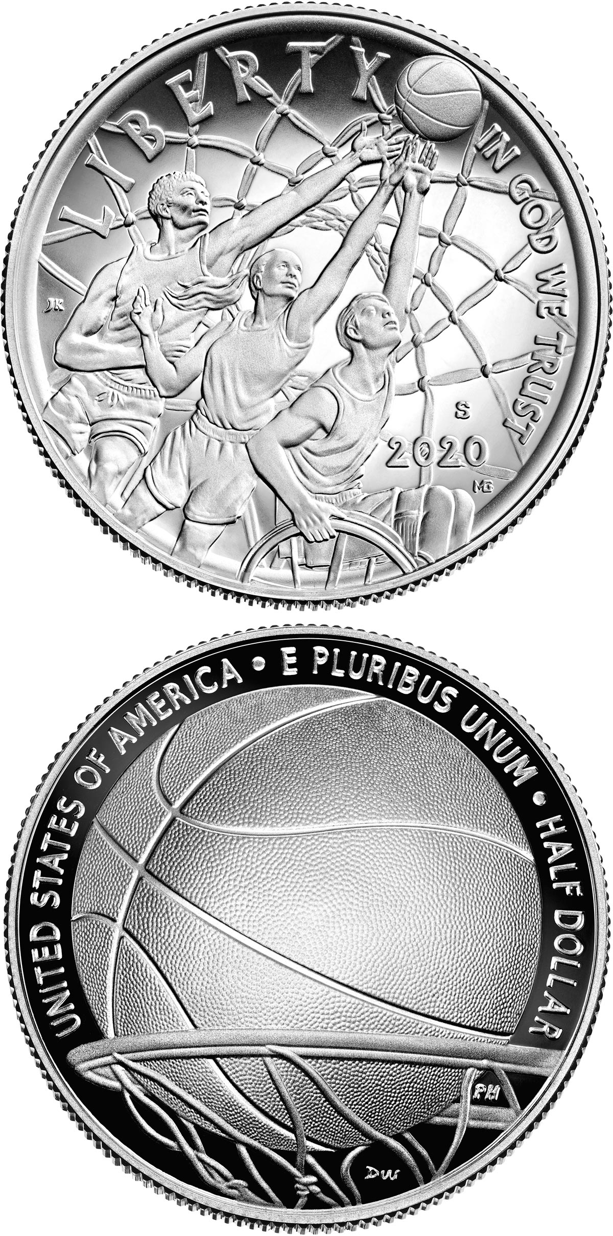 Image of 0.5 dollar coin - Basketball Hall of Fame | USA 2020.  The Copper–Nickel (CuNi) coin is of Proof, BU quality.