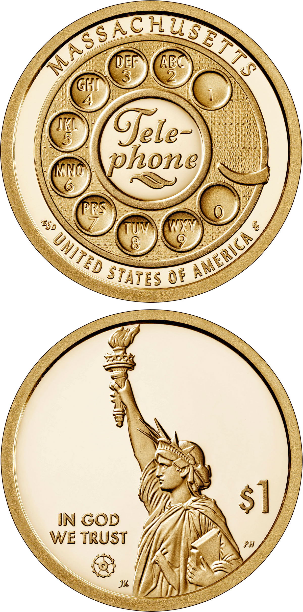 Image of 1 dollar coin - Massachusetts - the invention of the telephone | USA 2020.  The Nordic gold (CuZnAl) coin is of Proof, BU, UNC quality.