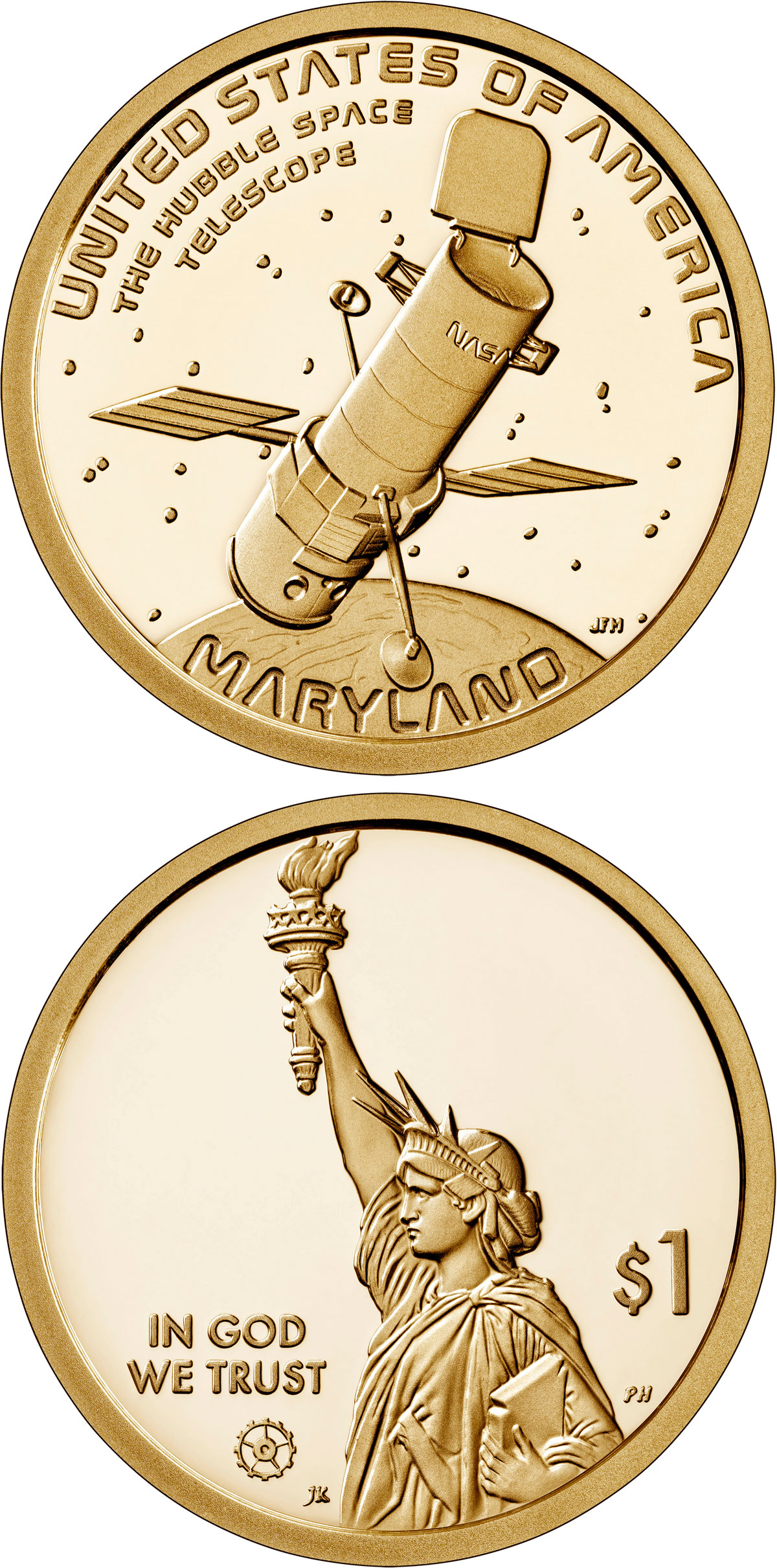 Image of 1 dollar coin - Maryland - Hubble Space Telescope | USA 2020.  The Nordic gold (CuZnAl) coin is of Proof, BU, UNC quality.