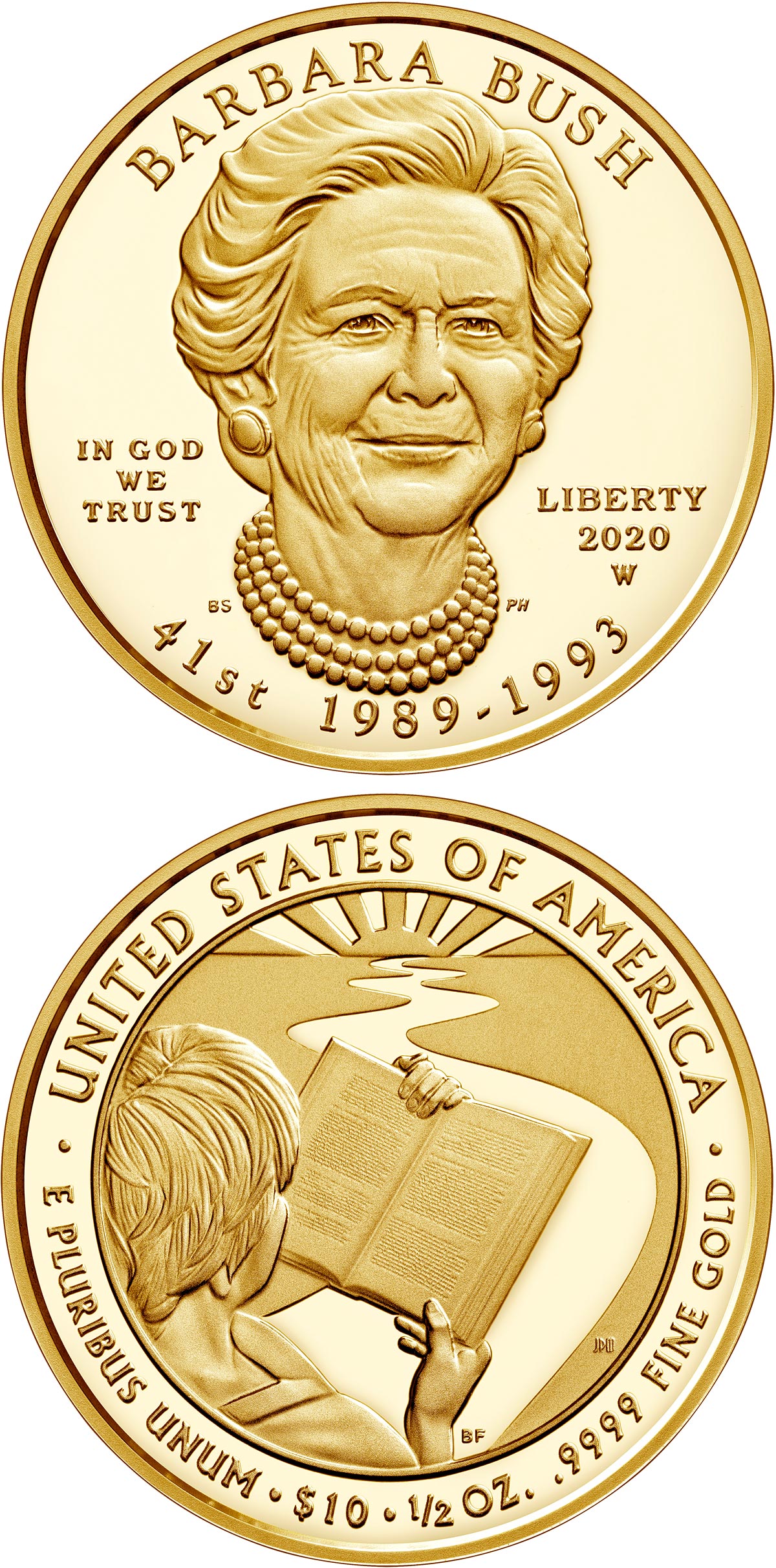 Image of 10 dollars coin - Barbara Bush | USA 2020.  The Gold coin is of Proof, BU quality.