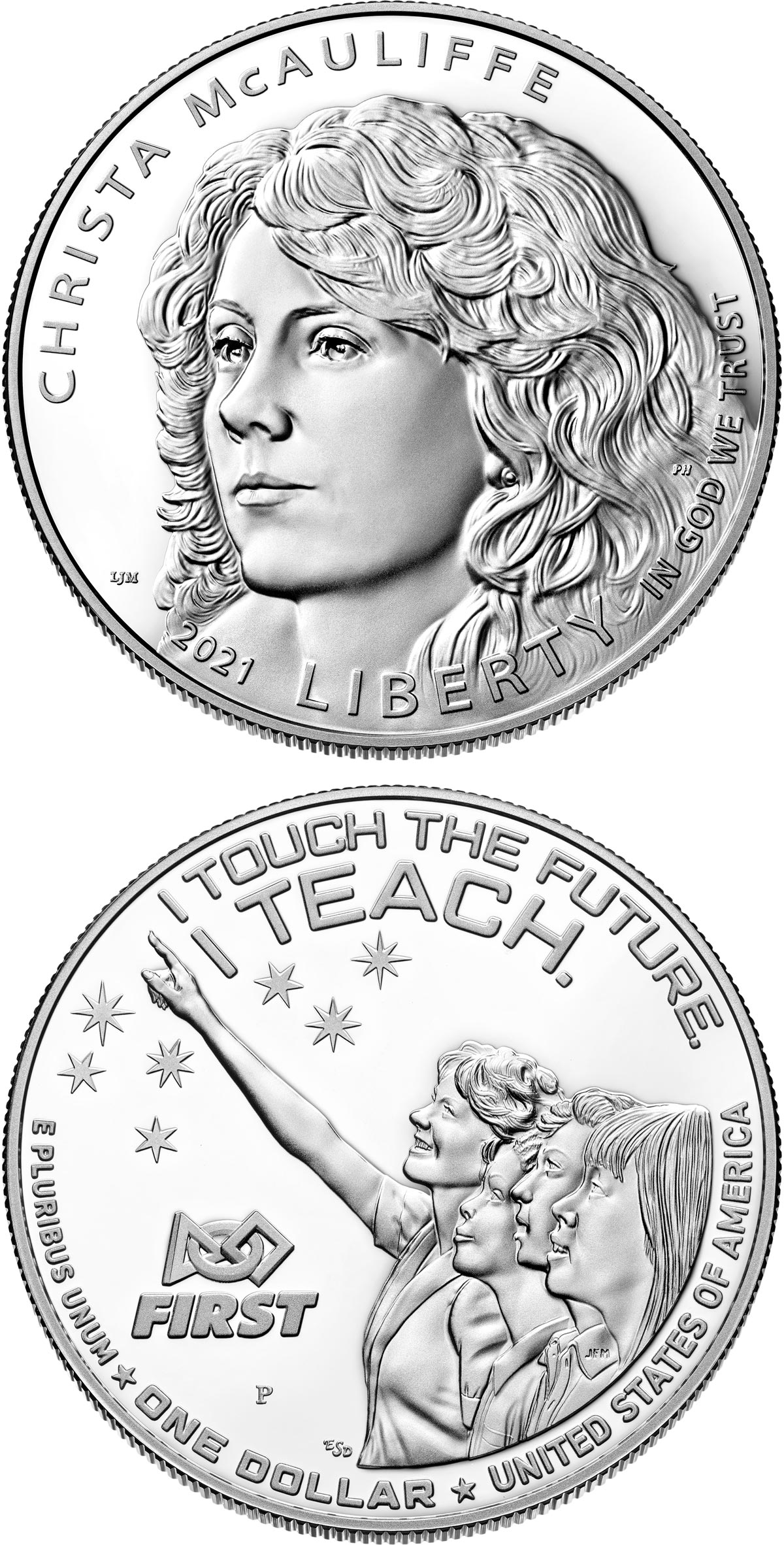Image of 1 dollar coin - Christa McAuliffe | USA 2021.  The Silver coin is of Proof, BU quality.