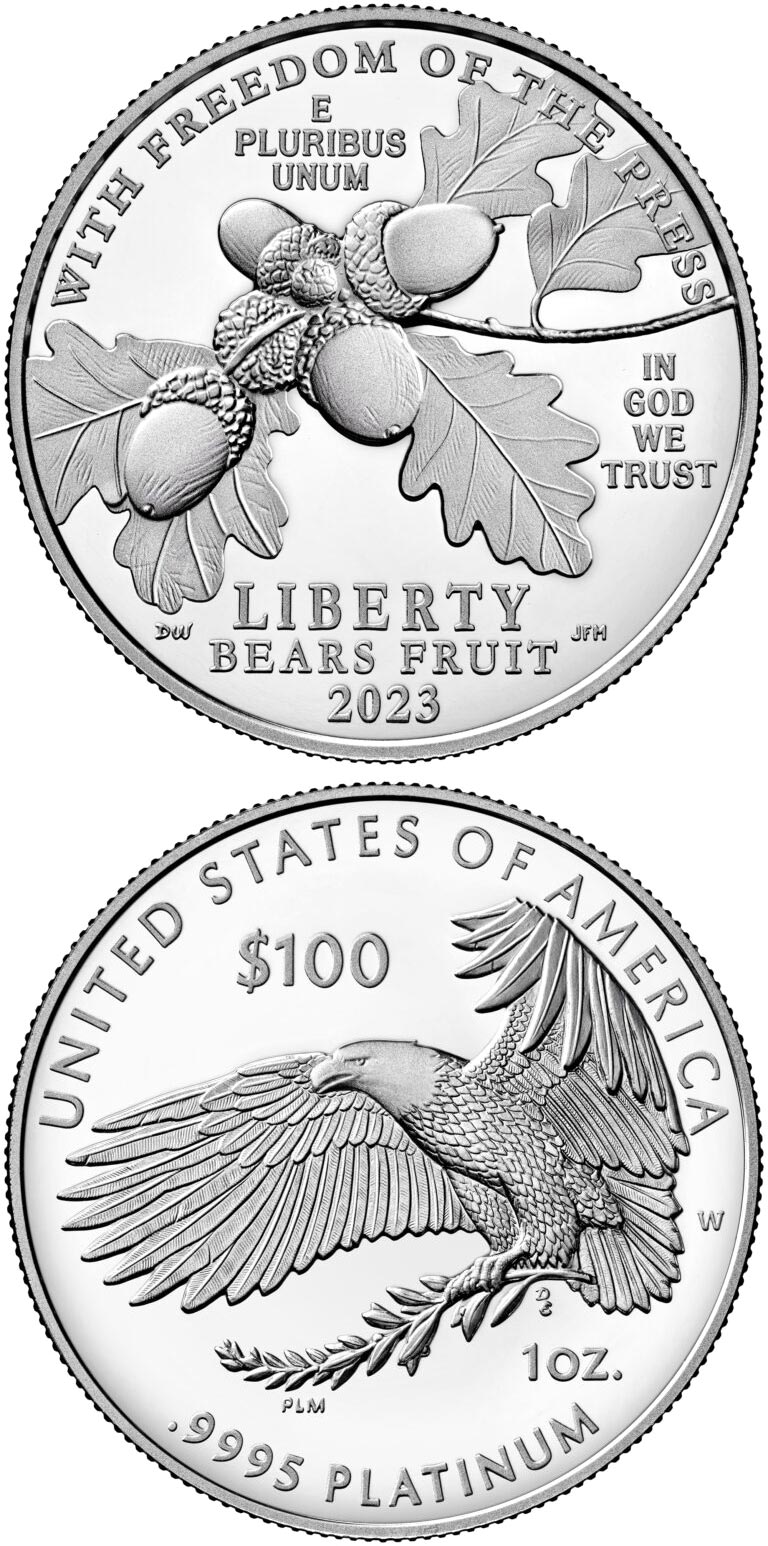 Image of 100 dollars coin - Freedom of the Press | USA 2023.  The Platinum coin is of Proof quality.