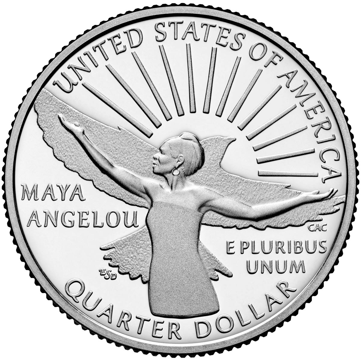 Image of 25 cents coin - Maya Angelou | USA 2022.  The Copper–Nickel (CuNi) coin is of Proof, BU, UNC quality.