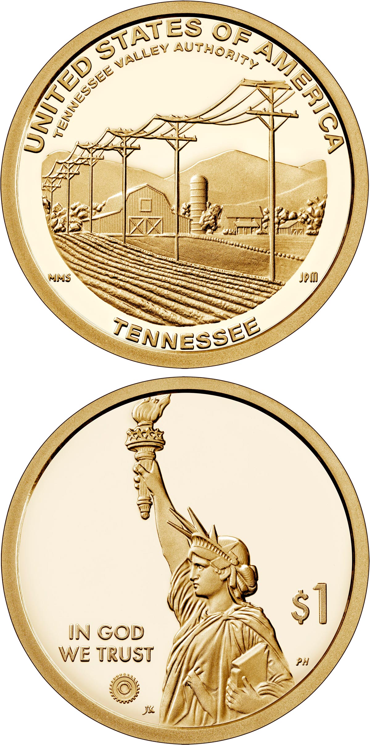 Image of 1 dollar coin - Tennessee | USA 2022.  The Nordic gold (CuZnAl) coin is of Proof, BU, UNC quality.