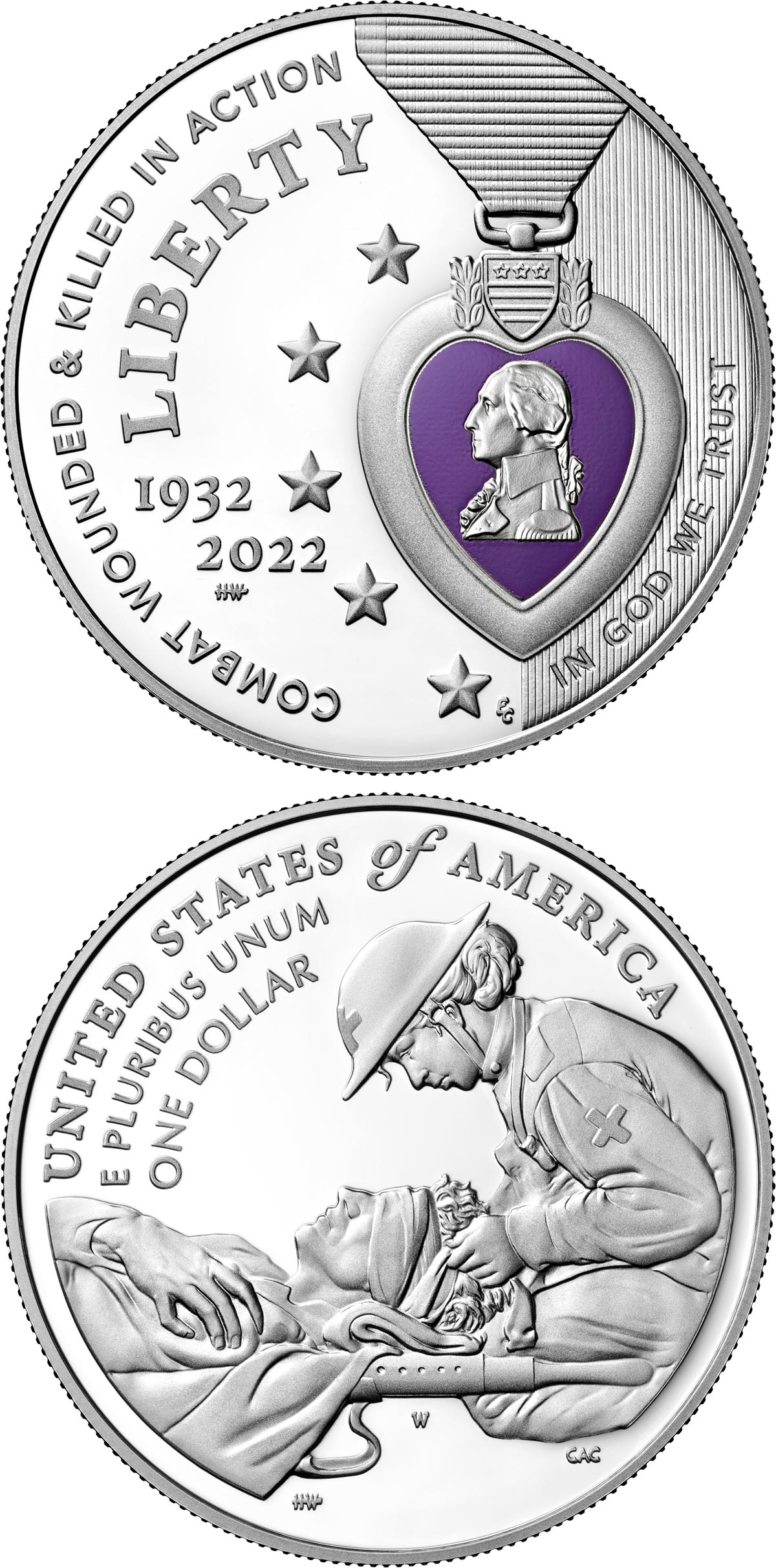 Image of 1 dollar coin - Purple Heart Hall of Honor | USA 2022.  The Silver coin is of Proof, BU quality.