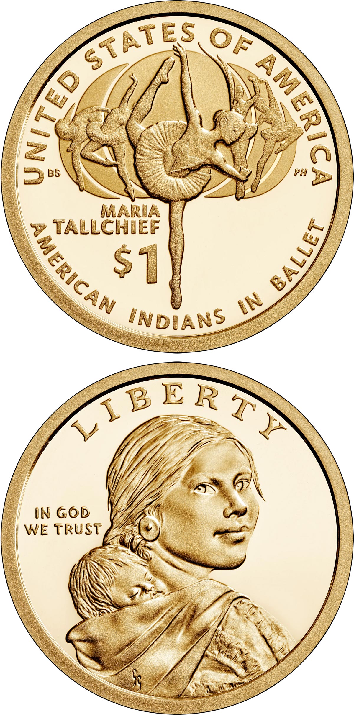 Image of 1 dollar coin - Maria Tallchief and American Indians in ballet | USA 2023.  The Nordic gold (CuZnAl) coin is of Proof, UNC quality.