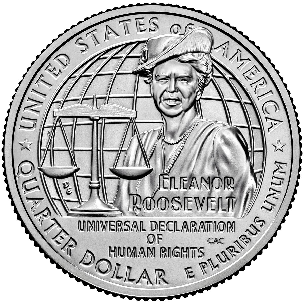 Image of 25 cents coin - Eleanor Roosevelt | USA 2023.  The Copper–Nickel (CuNi) coin is of Proof, BU, UNC quality.